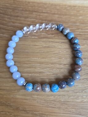 Blue Angelite, Turquoise & Clear Quartz  Beaded Stretch Bracelet - Handcrafted